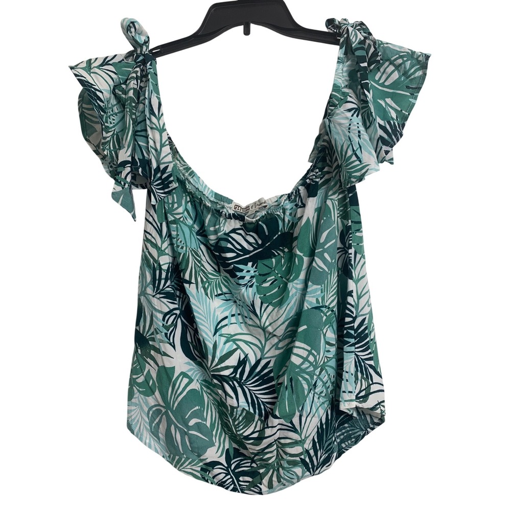 Gypsies & Moondust Tropical Palm Print‎ Off Shoulder Ruffle Tie Sleeve Top Small